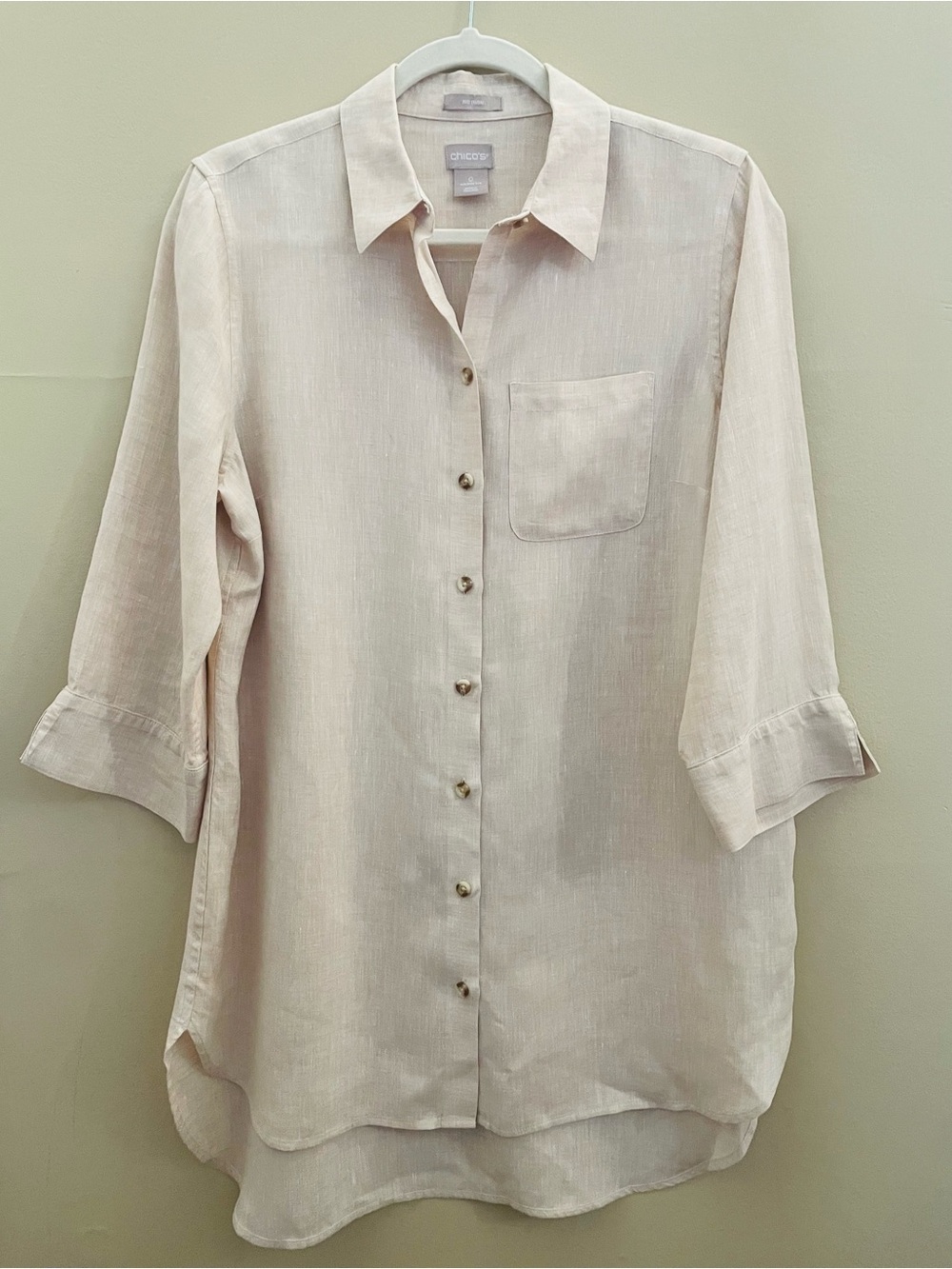 Chico's No-Iron Linen Tunic Shirt Oatmeal Beige Size 0 / XS